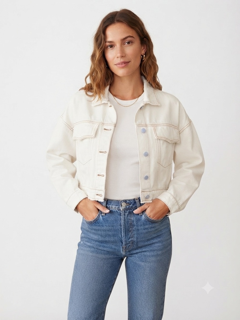 Gilli Cream Cropped Denim TruckerJacket L 100% Cotton Contrast Stitch Frayed Hem